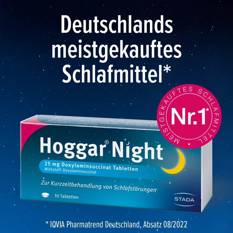 shopapotheke Hoggar® Night Tabletten: Nicht nur einschlafen sondern durchschlafen. 25 mg Doxylaminsuccinat Schlaftabletten für die Kurzzeitbehandlung von akuten Schlafstörungen Riesige Ersparnisse