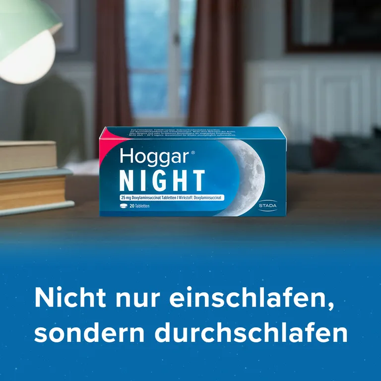 shopapotheke Hoggar® Night Tabletten: Nicht nur einschlafen sondern durchschlafen. 25 mg Doxylaminsuccinat Schlaftabletten für die Kurzzeitbehandlung von akuten Schlafstörungen Riesige Ersparnisse