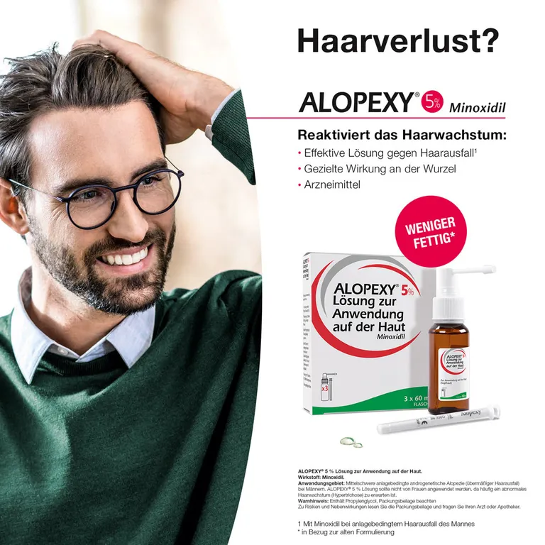 shopapotheke ALOPEXY 5% Lösung zur Anwendung auf der Haut 3X60 ml gegen anlagebedingten Haarausfall Zeitlich begrenztes Angebot