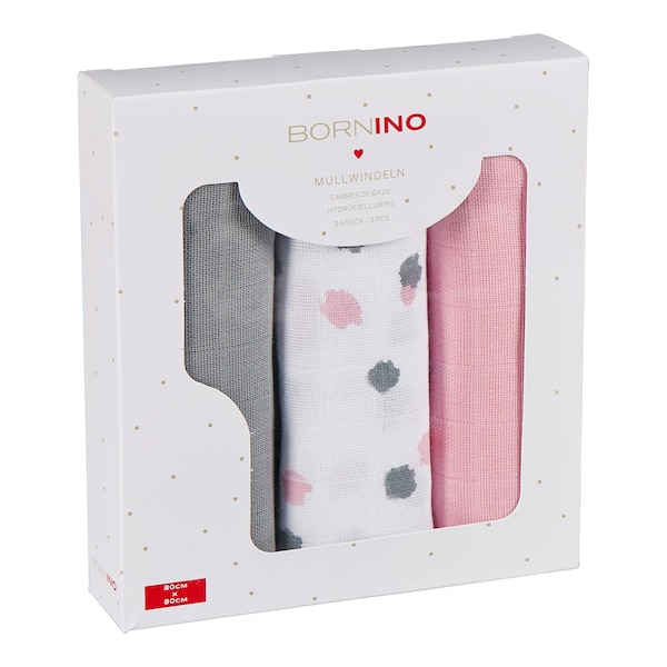 babywalz Bornino - BASICS3er-Pack Mullwindeln 80x80 cm rosa/grau/weiß Bestseller