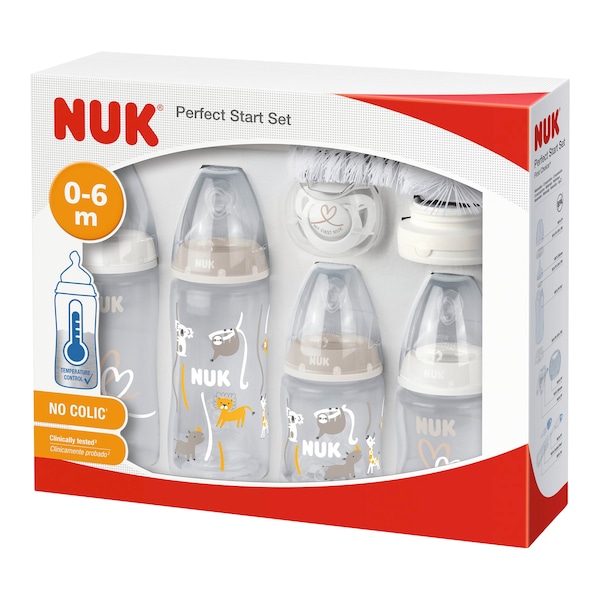 babywalz NUK9-tlg. Babyflaschen-Set First Choice Plus Temperature Control Anti-Kolik-Weithals 150-300ml 0-6M weiß / beige Auslauf