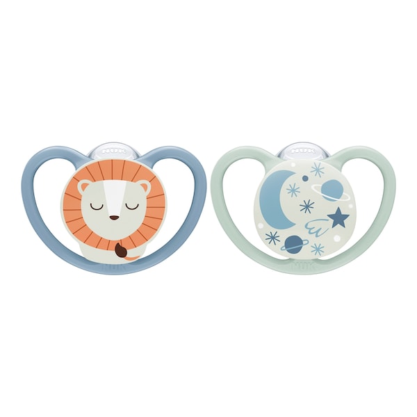 babywalz NUK2er-Pack Schnuller Space Night 0-6M Löwe / Sterne Schlussverkauf