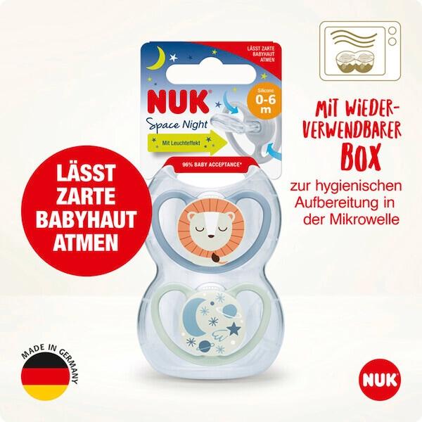 babywalz NUK2er-Pack Schnuller Space Night 0-6M Löwe / Sterne Schlussverkauf