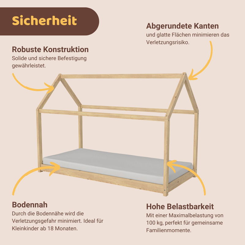 babyonlineshop Artkid Haley Natur Montessori Hausbett Bodenbett 90x200 inkl. Lattenrost Kiefer JETZT KAUFEN