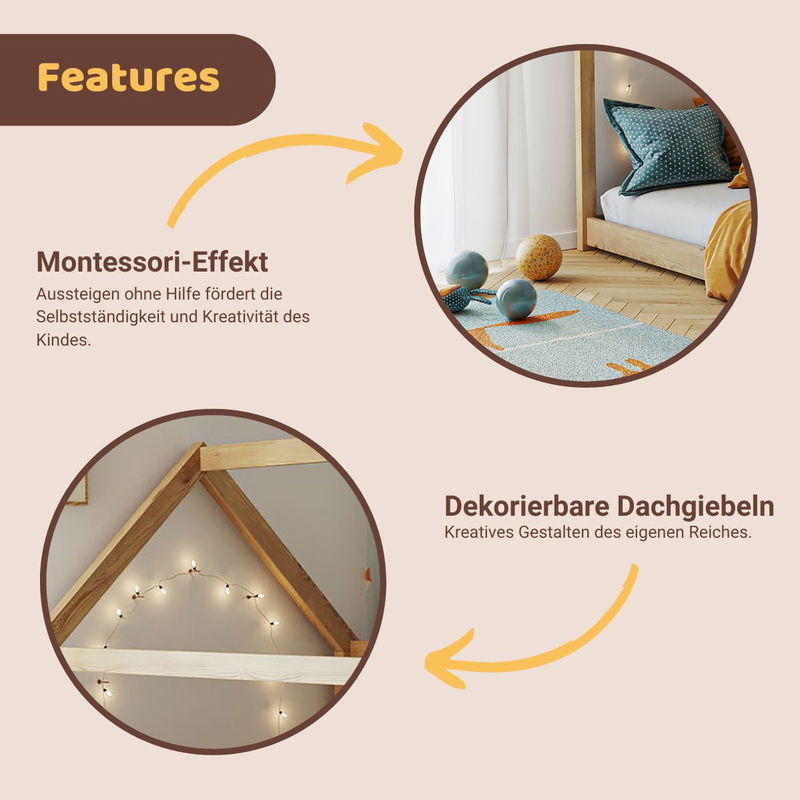 babyonlineshop Artkid Haley Natur Montessori Hausbett Bodenbett 90x200 inkl. Lattenrost Kiefer JETZT KAUFEN