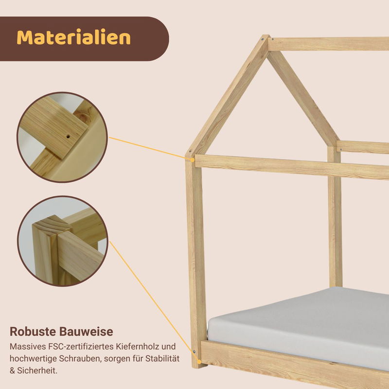 babyonlineshop Artkid Haley Natur Montessori Hausbett Bodenbett 90x200 inkl. Lattenrost Kiefer JETZT KAUFEN