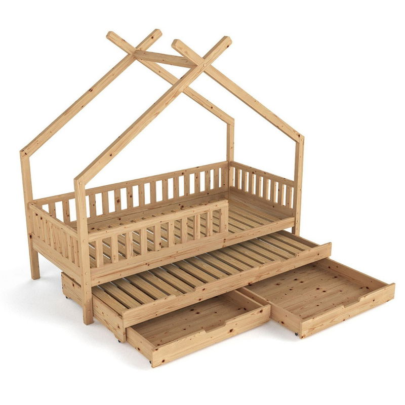 babyonlineshop Nature Kid Clara Hausbett natur 90 x 200 cm inkl. Gästebett und Bettkasten Fabrikladen