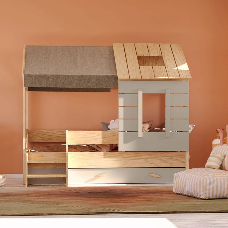 babyonlineshop Nature Kid My House Hausbett natur 90 x 200 cm inkl. Stoffdach und Bettkasten Begrenzt auf 3 Tage