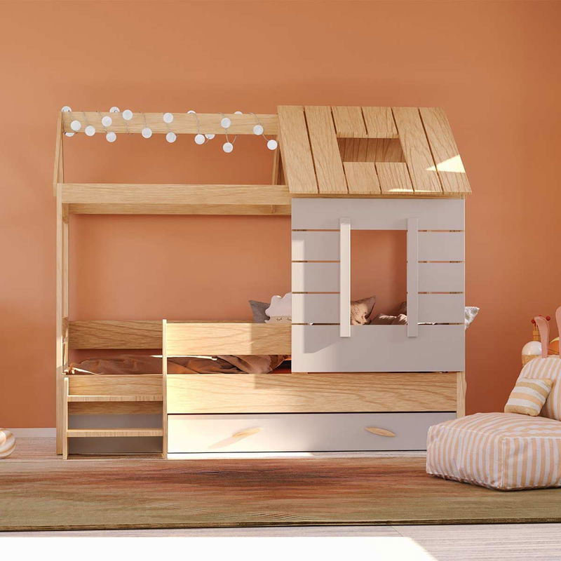 babyonlineshop Nature Kid My House Hausbett natur 90 x 200 cm inkl. Stoffdach und Bettkasten Begrenzt auf 3 Tage