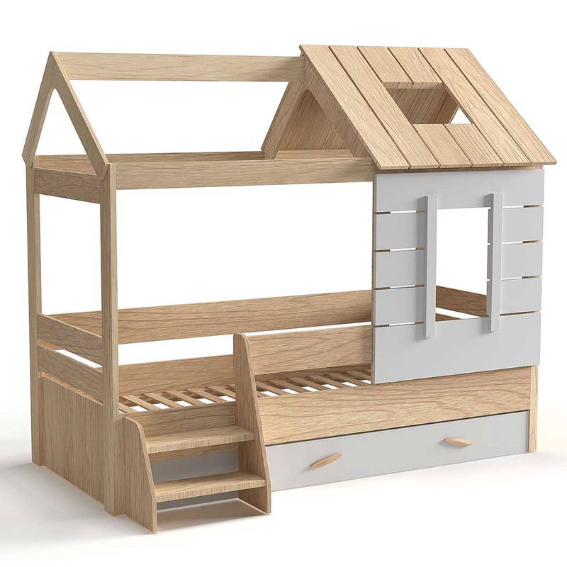 babyonlineshop Nature Kid My House Hausbett natur 90 x 200 cm inkl. Stoffdach und Bettkasten Begrenzt auf 3 Tage