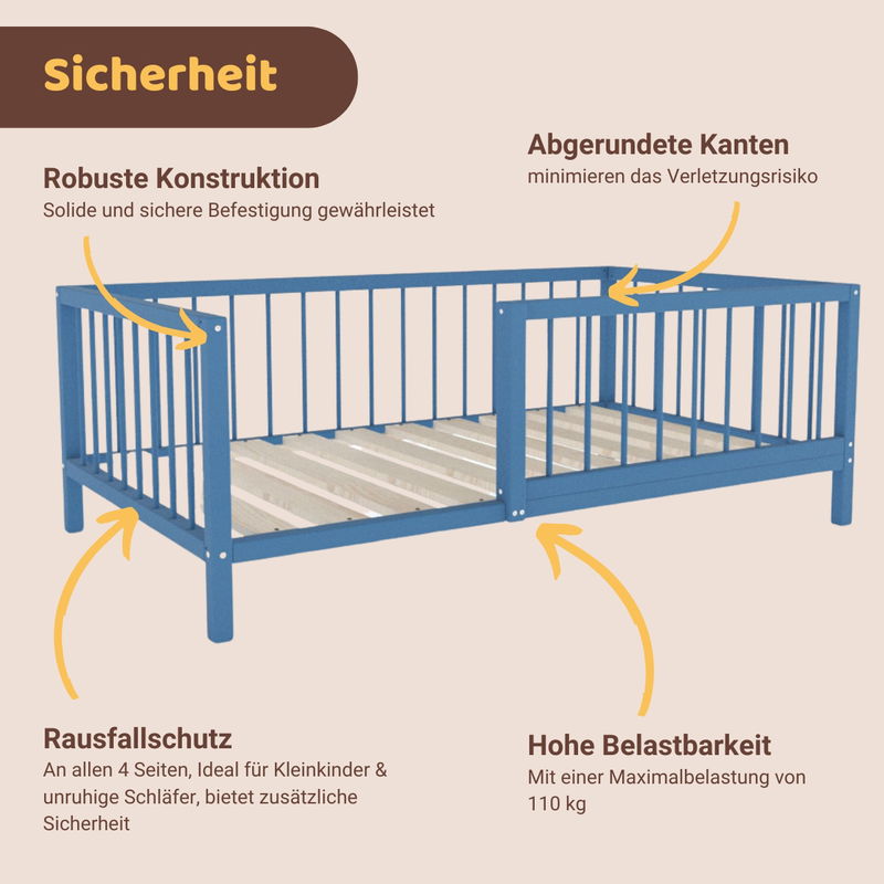 babyonlineshop Artkid Daniel Kinderbett montessori Bodenbett mit Rausfallschutz 90 x 160 cm blau Kiefer massiv Letzte 3 Tage