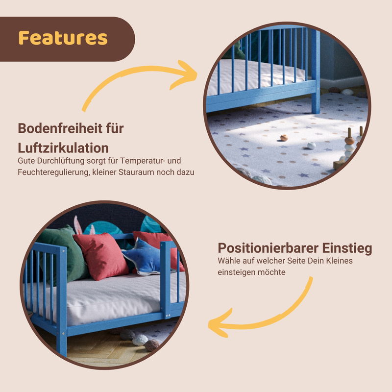 babyonlineshop Artkid Daniel Kinderbett montessori Bodenbett mit Rausfallschutz 90 x 160 cm blau Kiefer massiv Letzte 3 Tage