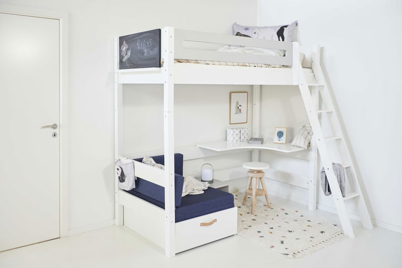 babyonlineshop Manis-h Hochbett FENRIS 90x200 cm einfarbig mit Sofamodul - 22 Farben wählbar Letzter Tag