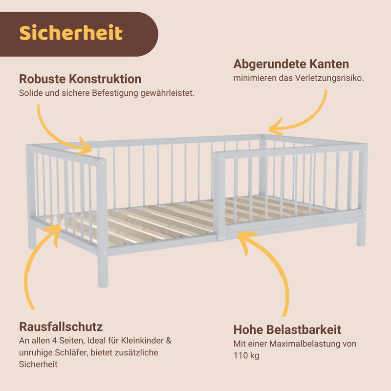 babyonlineshop Artkid Daniel Kinderbett 90 x 160 cm montessori Bodenbett mit Rausfallschutz weiß Kiefer massiv Versandkostenfrei