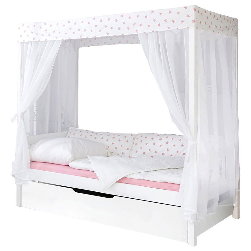 babyonlineshop Ticaa Himmelbett Stern Weiß-Rosa Kiefer Weiß inkl. Bettkasten & Tüll-Textilien - 90 x 200 cm Cyber Monday