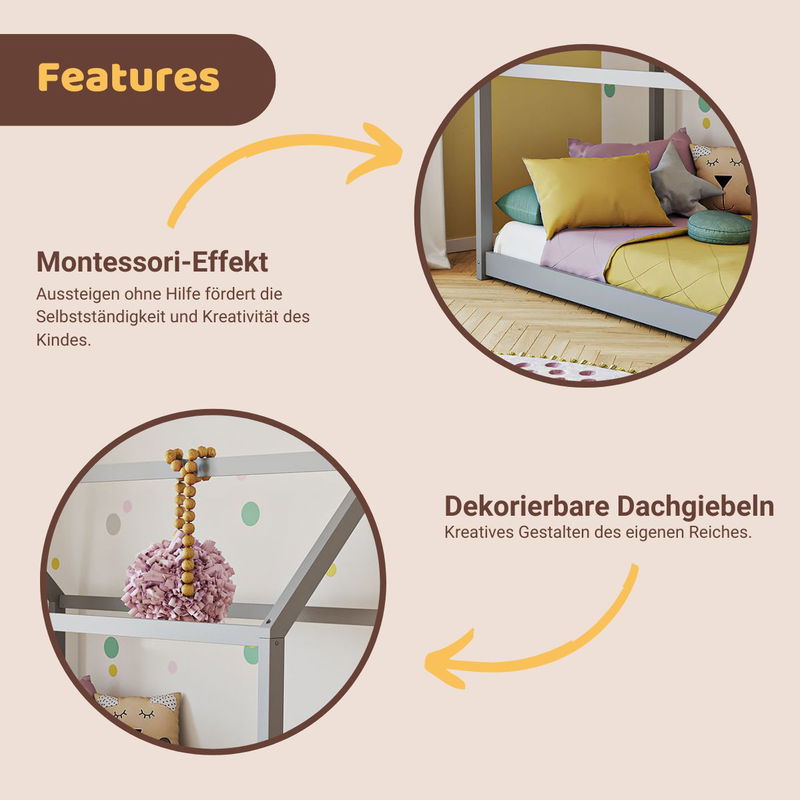 babyonlineshop Artkid Haley Grau Montessori Hausbett Bodenbett 90x200 inkl. Lattenrost massive Kiefer Nur noch ein Tag übrig