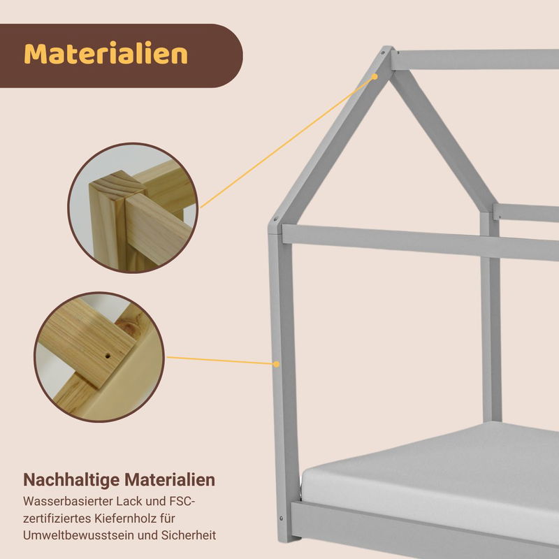 babyonlineshop Artkid Haley Grau Montessori Hausbett Bodenbett 90x200 inkl. Lattenrost massive Kiefer Nur noch ein Tag übrig