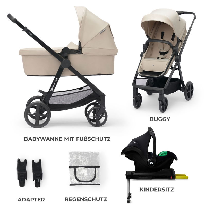 babyonlineshop Kinderkraft Kinderwagen 4in1 NEWLY Mink Pro sand beige + base Nur noch ein Tag übrig