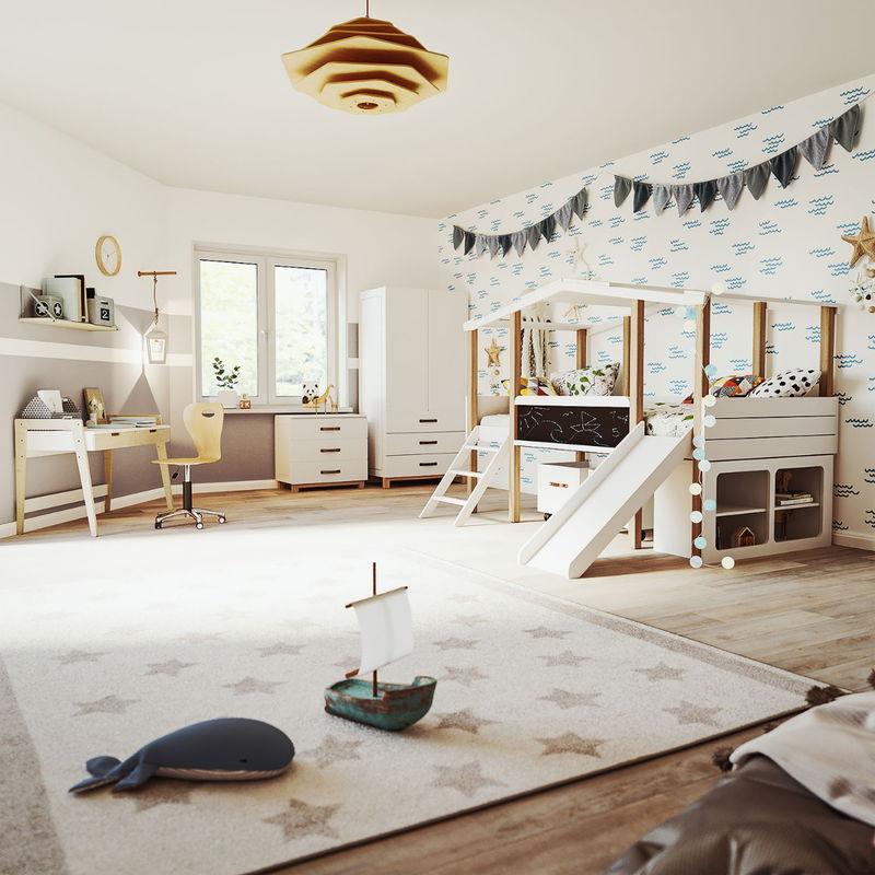 babyonlineshop Nature Kid Cory Kinderzimmer weiß/natur 8-teilig mit Hausbett 90 x 200 cm Dach & Schreibtisch Top Angebot