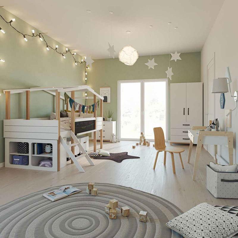 babyonlineshop Nature Kid Cory Kinderzimmer weiß/natur 8-teilig mit Hausbett 90 x 200 cm Dach & Schreibtisch Top Angebot