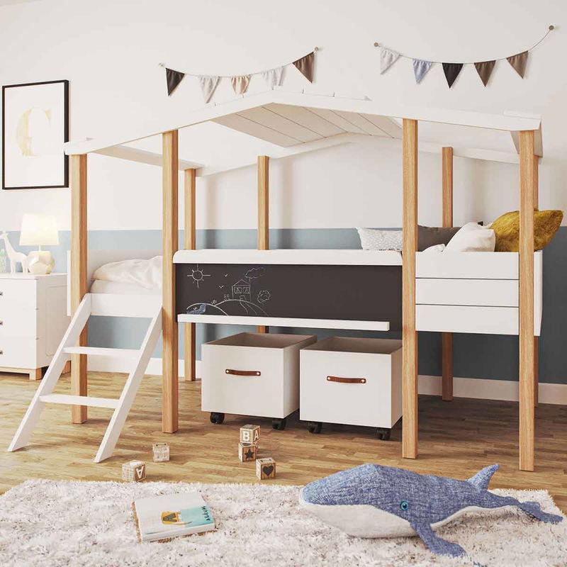 babyonlineshop Nature Kid Cory Kinderzimmer weiß/natur 8-teilig mit Hausbett 90 x 200 cm Dach & Schreibtisch Top Angebot